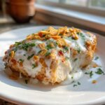 Close-up of a cooked Fiesta Lime Chicken breast covered in white sauce, crushed tortilla chips, and fresh cilantro.