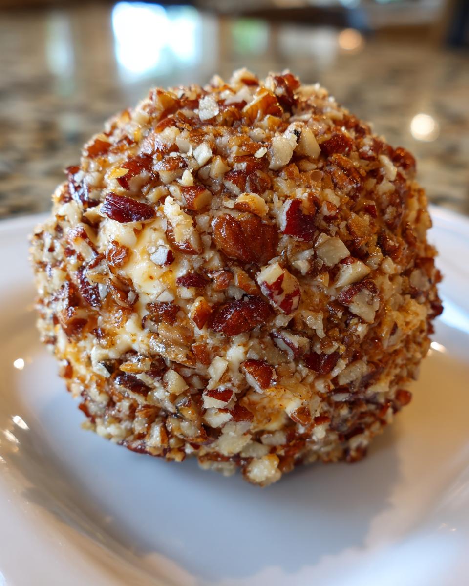 A close-up of a finished pineapple cheese ball completely coated in chopped, glazed pecans, resting on a white plate.