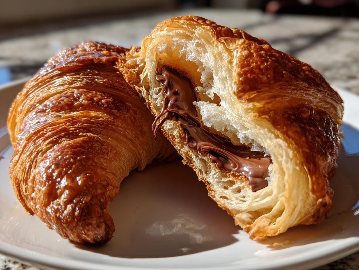 A golden brown, flaky chocolate croissant cut in half revealing a rich, melted chocolate filling inside.