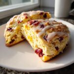 Two halves of flaky cranberry orange scones topped with a white glaze, served on a white plate.