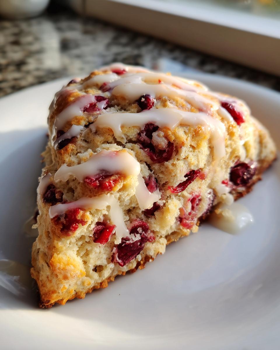 Close-up of a single, flaky cranberry orange scone drizzled with white citrus glaze on a white plate.