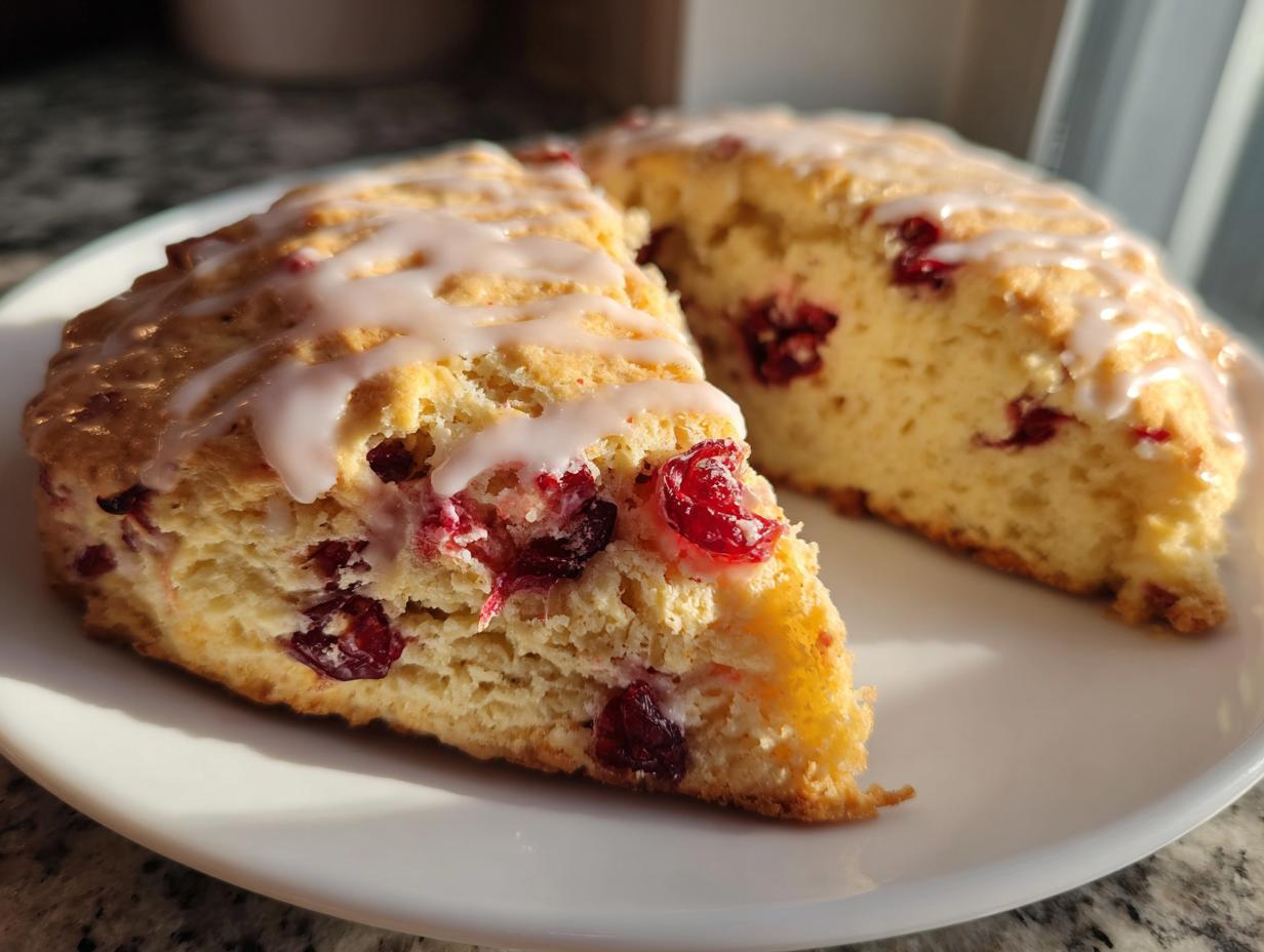 Two halves of flaky cranberry orange scones drizzled with a sweet white glaze, sitting on a white plate.