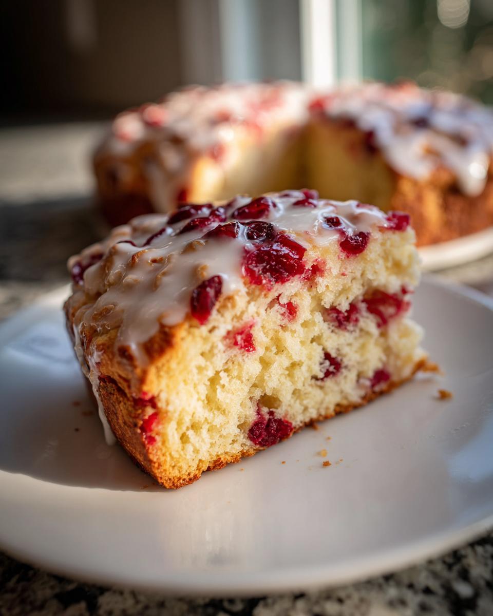 A close-up of a slice of flaky cranberry orange scones topped with bright white glaze and visible cranberries.