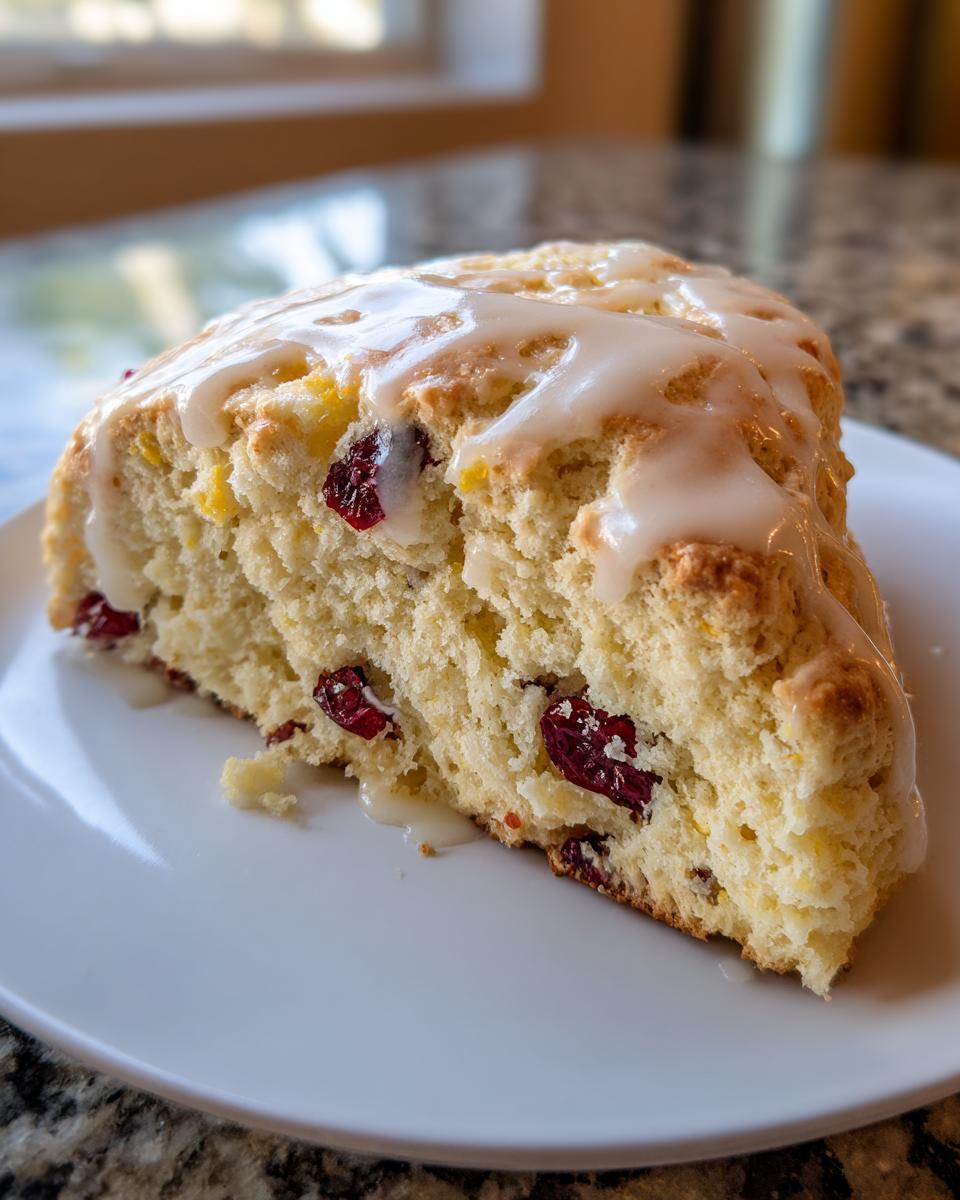 Close-up of a flaky cranberry orange scone, showing the interior texture and a sweet orange glaze drizzled on top.