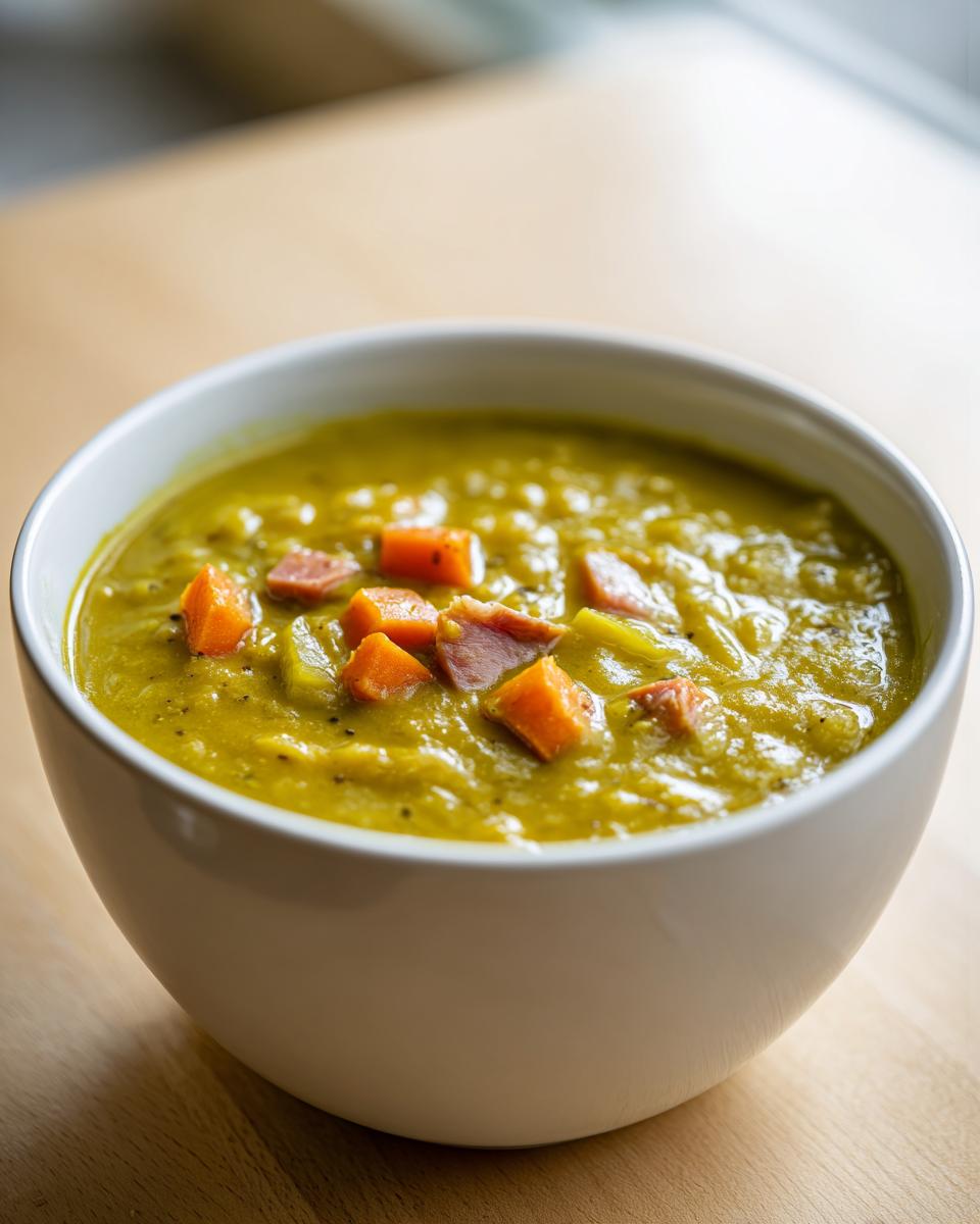Close-up of a thick, green pea soup in a white bowl, topped with diced ham and carrots.