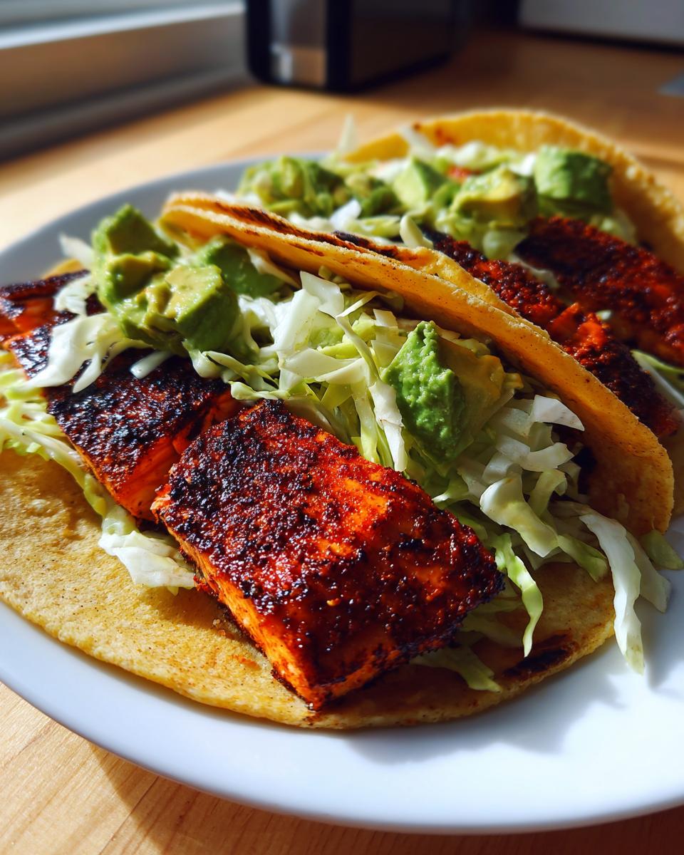 Two delicious salmon tacos filled with blackened salmon, shredded cabbage, and diced avocado.