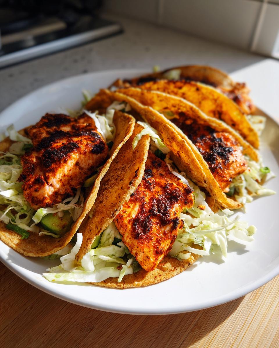 A white plate holding several crispy salmon tacos filled with blackened seasoned salmon and shredded cabbage slaw.