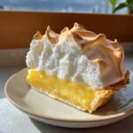 A perfect slice of lemon pie featuring bright yellow filling and tall, toasted meringue topping.