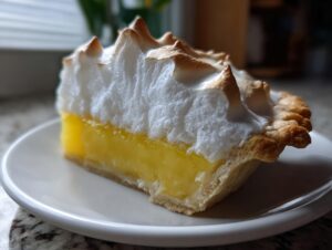 A close-up of a perfect slice of lemon pie featuring bright yellow filling and towering, toasted meringue.