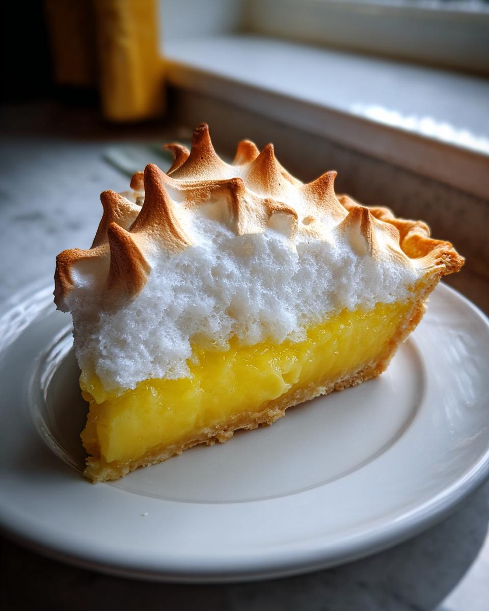 A perfect slice of lemon pie featuring bright yellow curd and tall, toasted meringue peaks, served on a white plate.