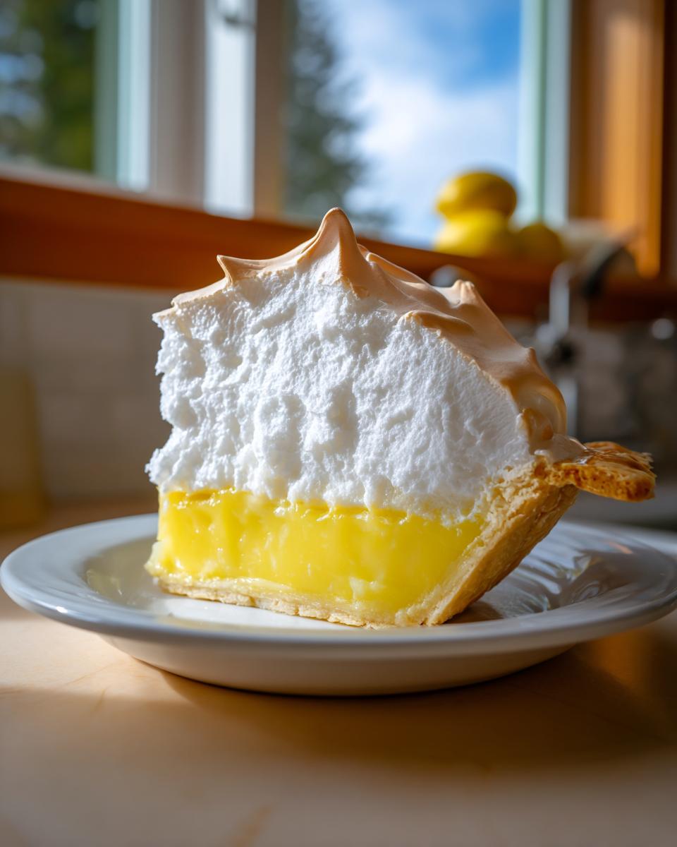 A tall, thick slice of meringue lemon pie showing bright yellow filling and toasted meringue topping.
