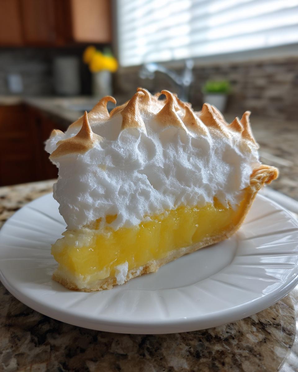 A tall slice of lemon pie with bright yellow filling and towering, toasted meringue peaks on a white plate.