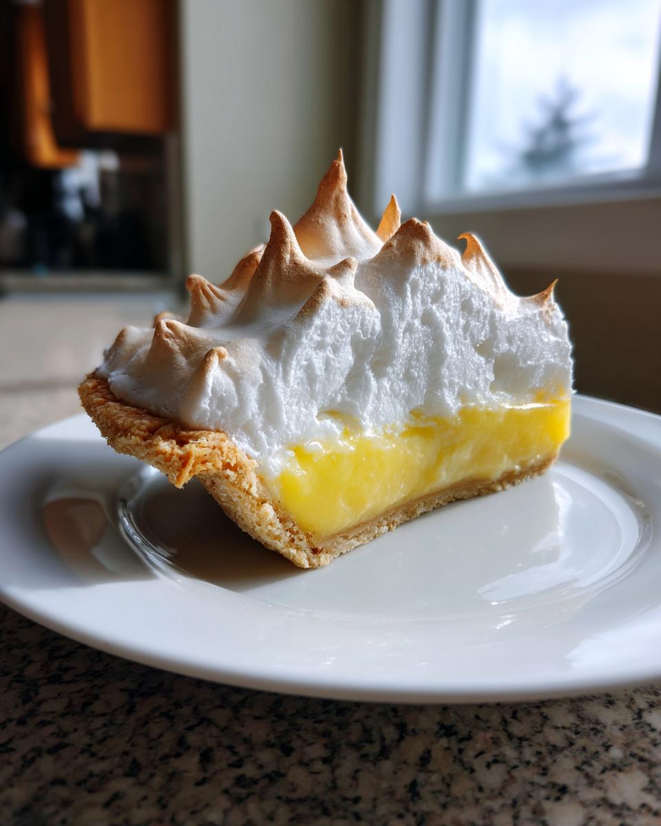 A perfect slice of lemon pie featuring bright yellow filling and tall, toasted meringue peaks, served on a white plate.