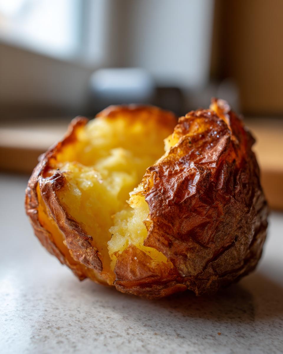 Close-up of a perfectly cooked air fryer baked potato split open, showing fluffy interior and crispy skin.