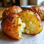 Close-up of a fluffy air fryer baked potato split open, showing seasoned crispy skin and soft interior.
