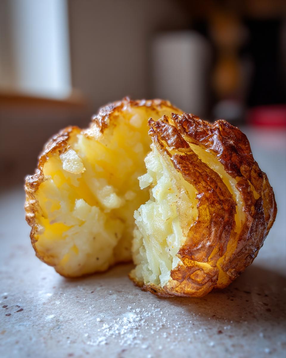 Close-up of a perfectly cooked air fryer baked potato split open, showing fluffy interior and crispy skin.