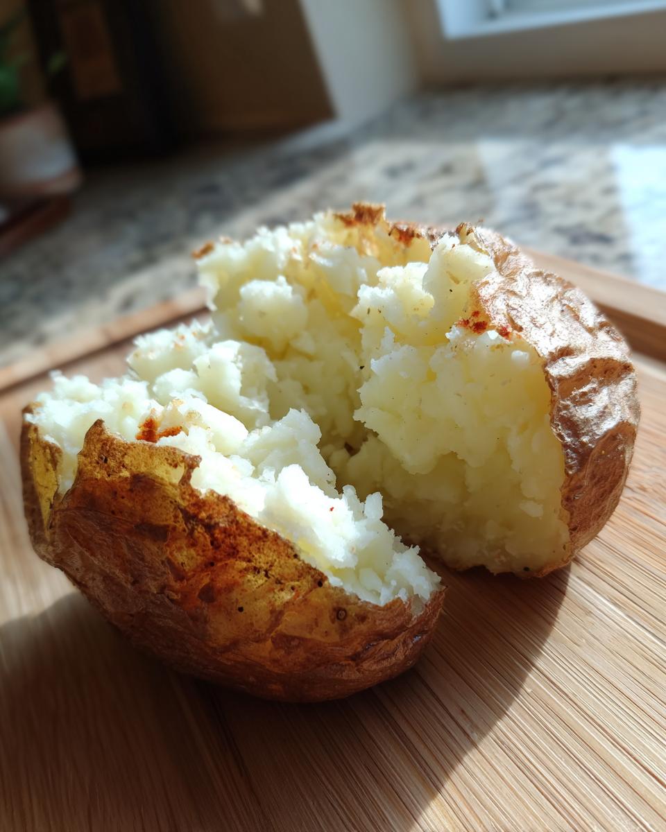 Close-up of a perfectly cooked air fryer baked potato split open, showing fluffy white interior and crispy skin.