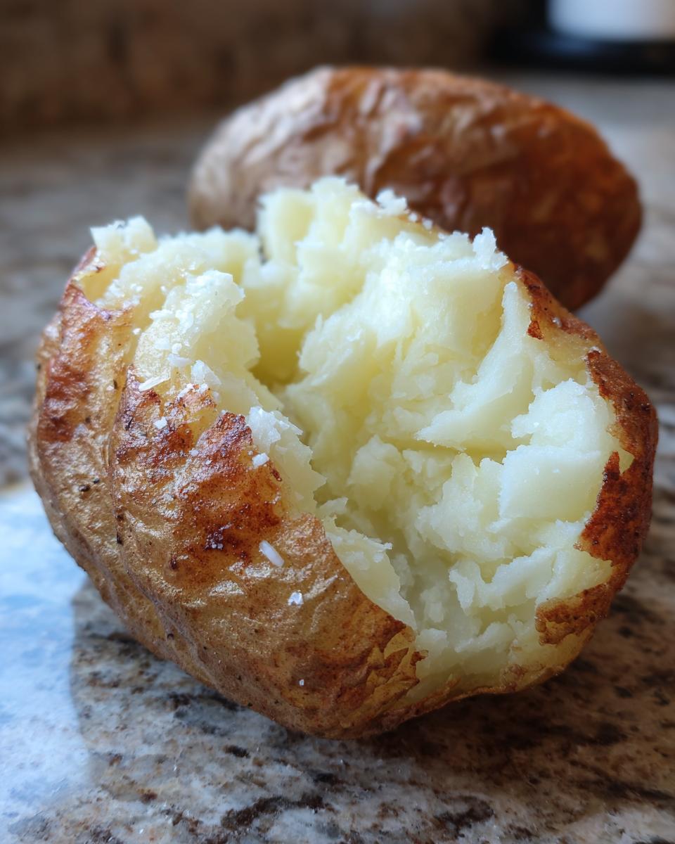 Close-up of a fluffy, split open air fryer baked potato showing the steamy interior and crispy skin sprinkled with salt.