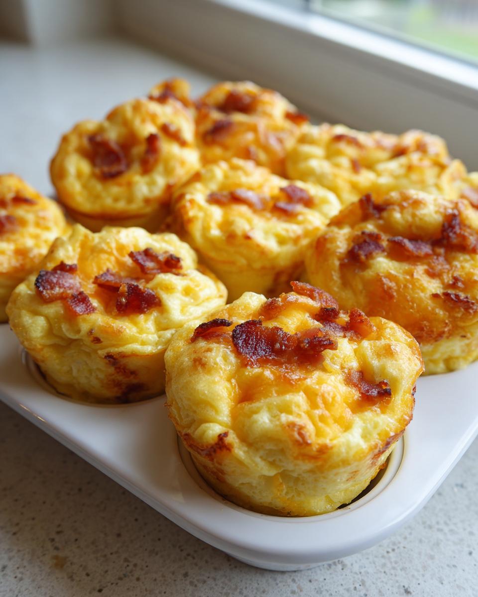 A close-up of several fluffy bacon egg bites baked in a white muffin tin, ready to eat.