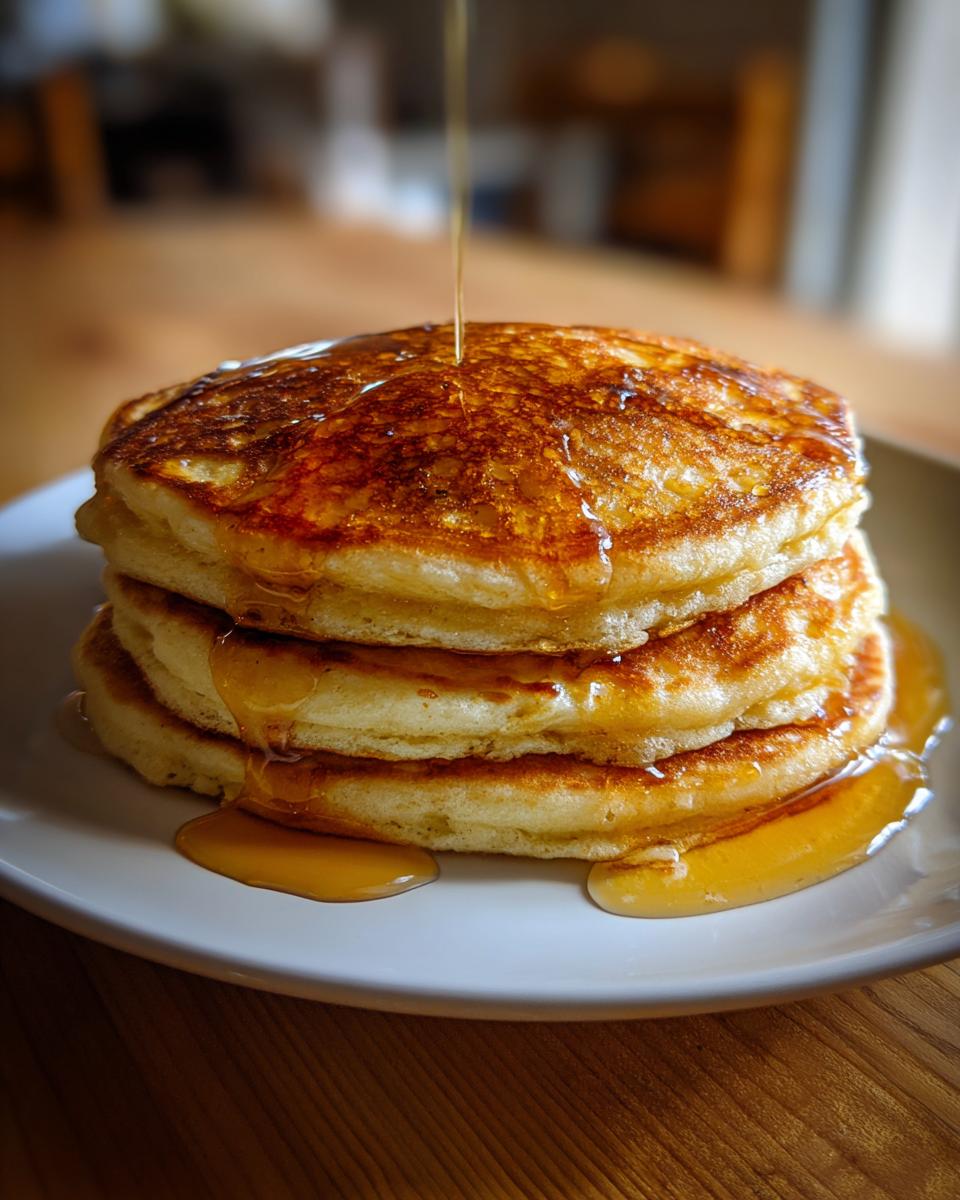 A tall stack of three fluffy banana pancakes being drizzled with golden syrup.