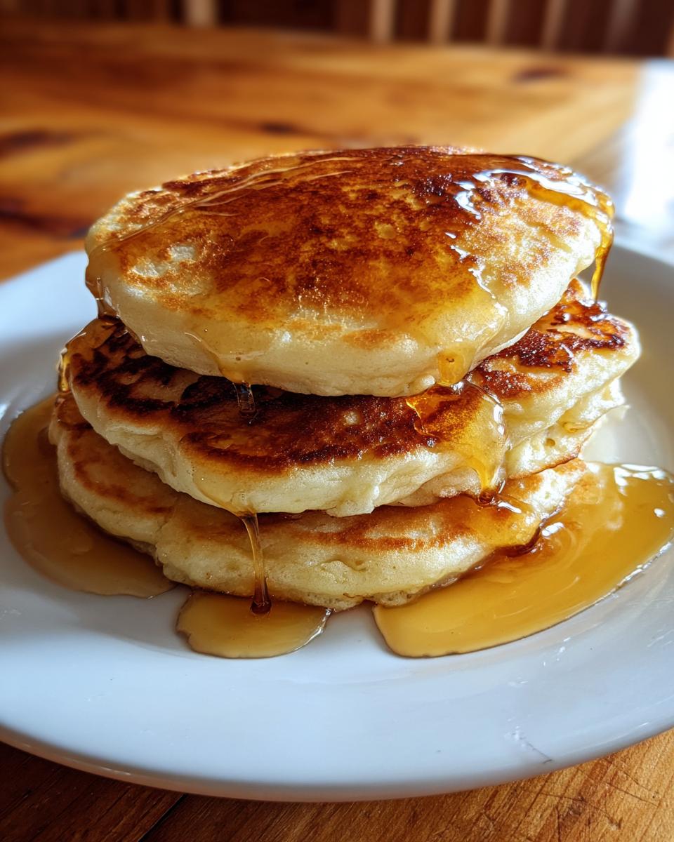 A tall stack of three fluffy banana pancakes generously drizzled with golden syrup.
