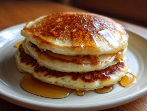 A stack of three fluffy banana pancakes generously drizzled with golden syrup.