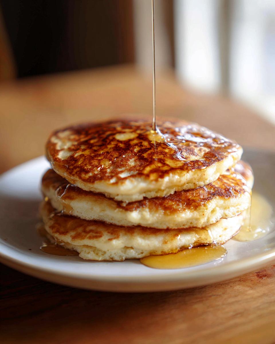 Close-up of a stack of three fluffy banana pancakes being drizzled with golden syrup.