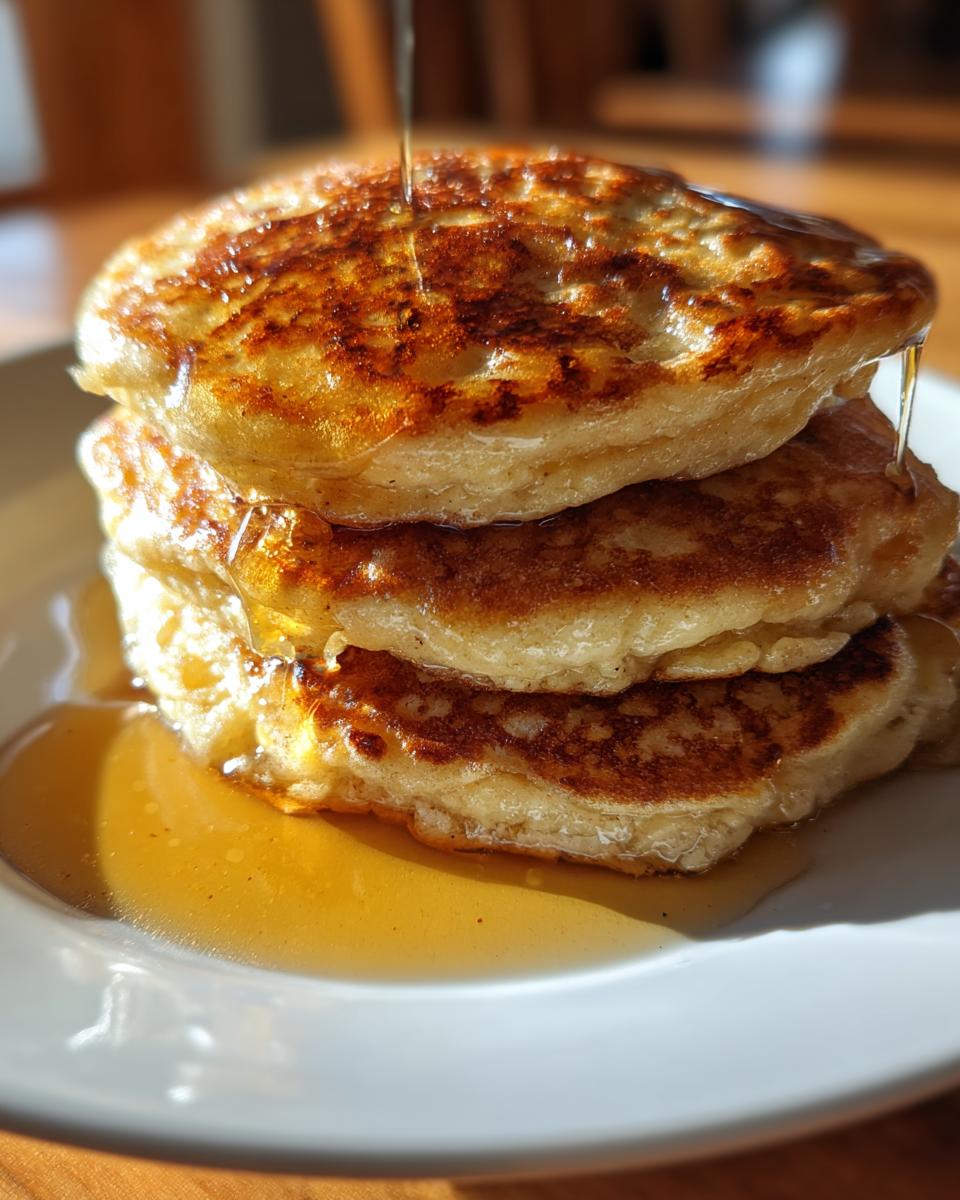 Close-up of a stack of three fluffy banana pancakes being drizzled with syrup.