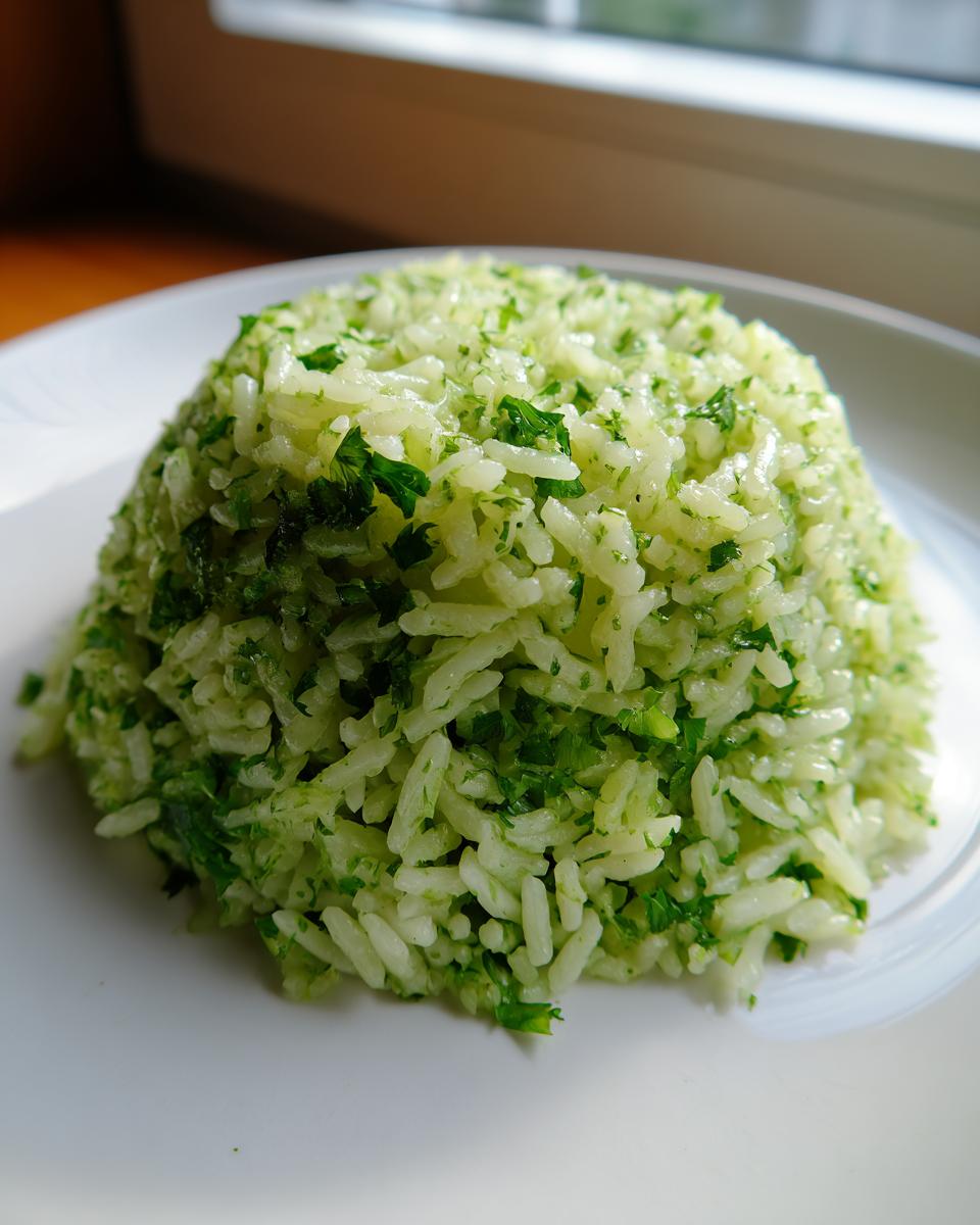 A perfectly molded dome of fluffy cilantro lime rice, vibrant green from fresh herbs, served on a white plate.