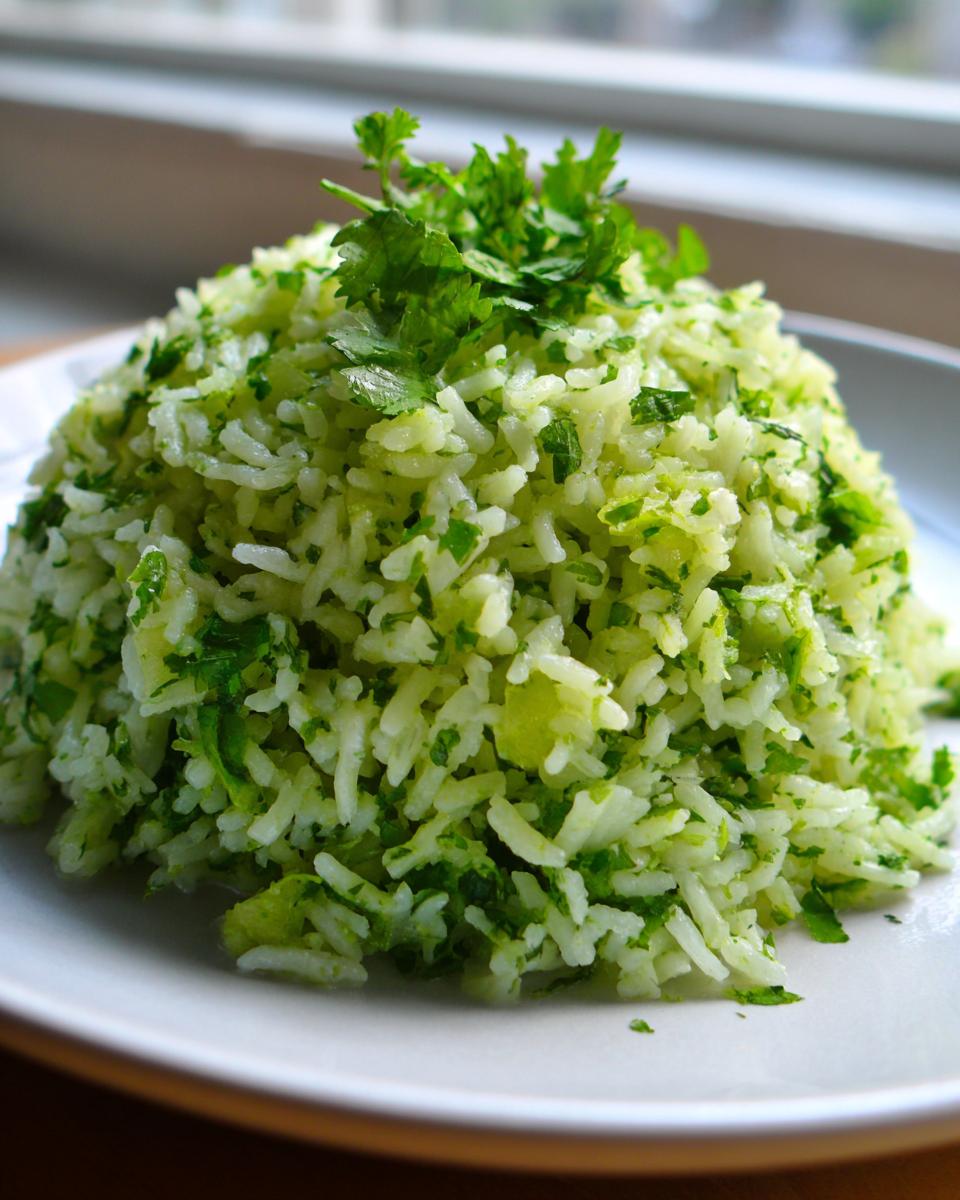 A close-up of a perfectly mounded serving of fluffy cilantro lime rice, garnished with fresh cilantro leaves.