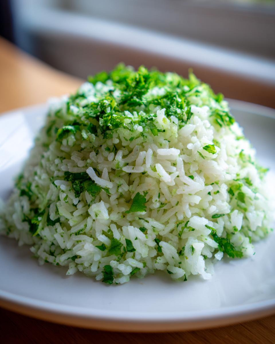 A perfectly molded mound of fluffy cilantro lime rice topped generously with fresh chopped cilantro.