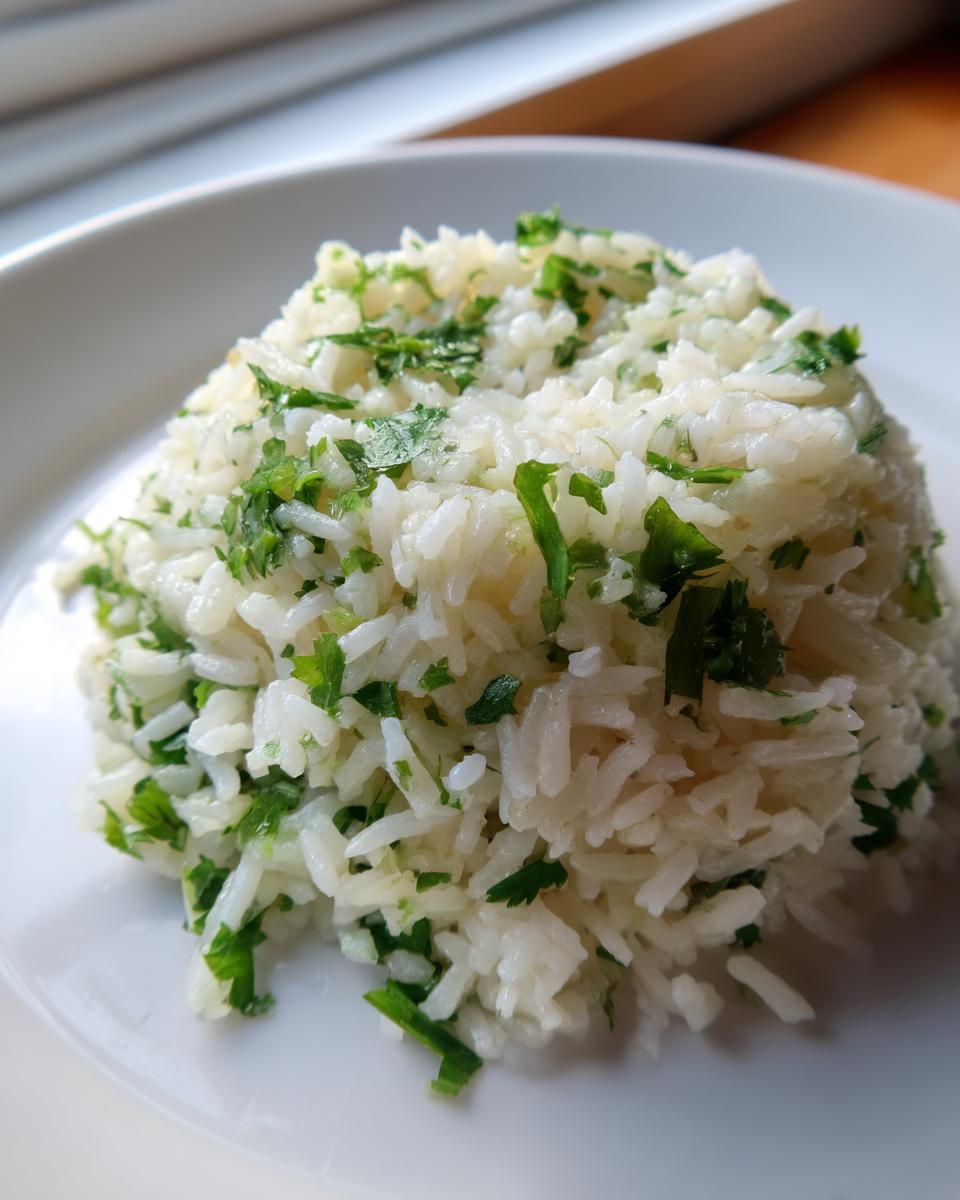 A mound of fluffy cilantro lime rice garnished with bright green chopped cilantro on a white plate.