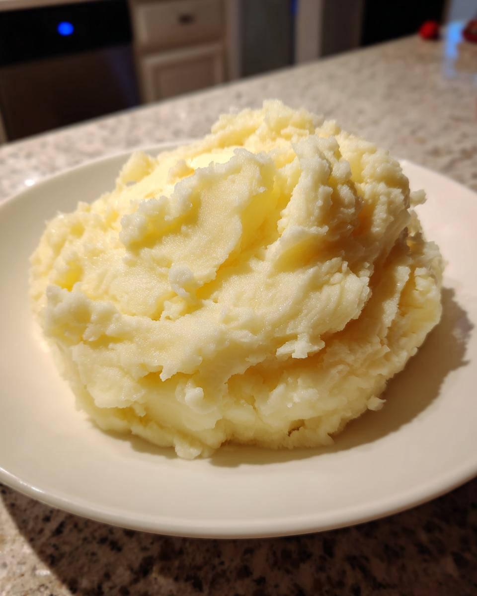 A perfectly portioned mound of fluffy, rich creamy mashed potatoes served in a white bowl.