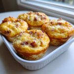 Four golden brown, fluffy egg bites topped with bacon pieces resting in a white rectangular dish.