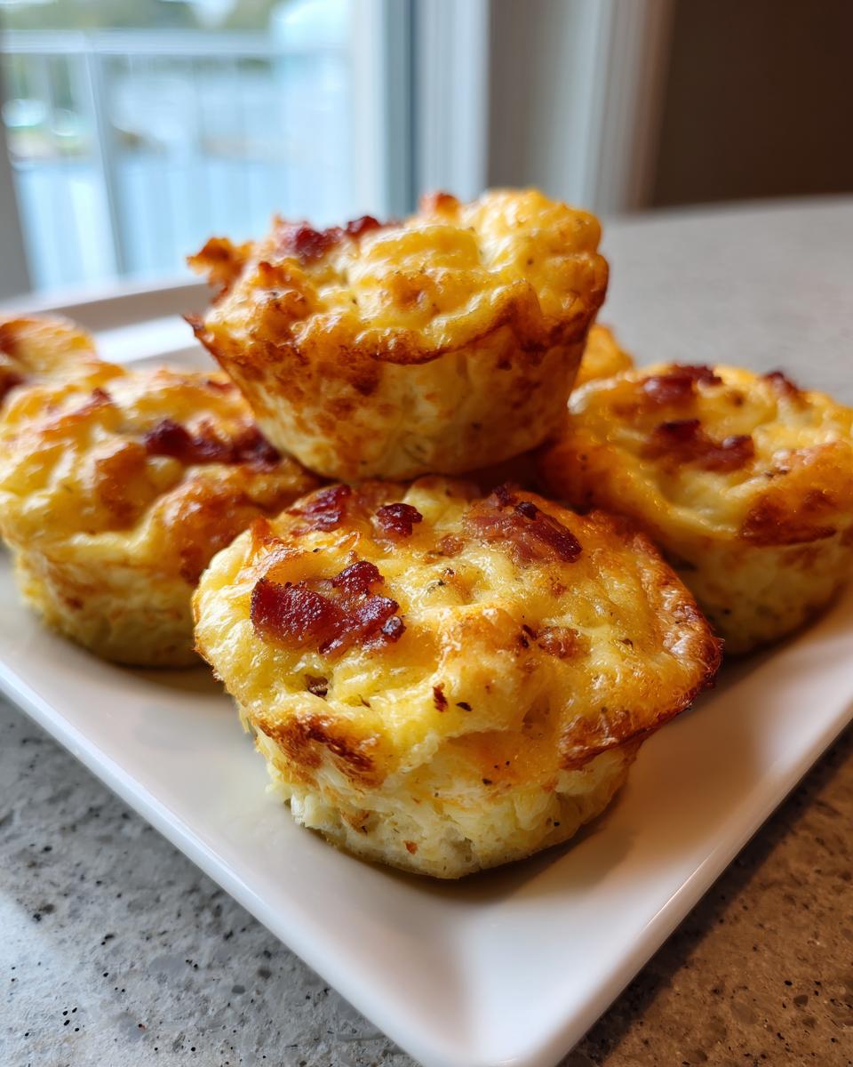 A stack of five fluffy, golden-brown egg bites topped with crispy bacon pieces, served on a white rectangular plate.