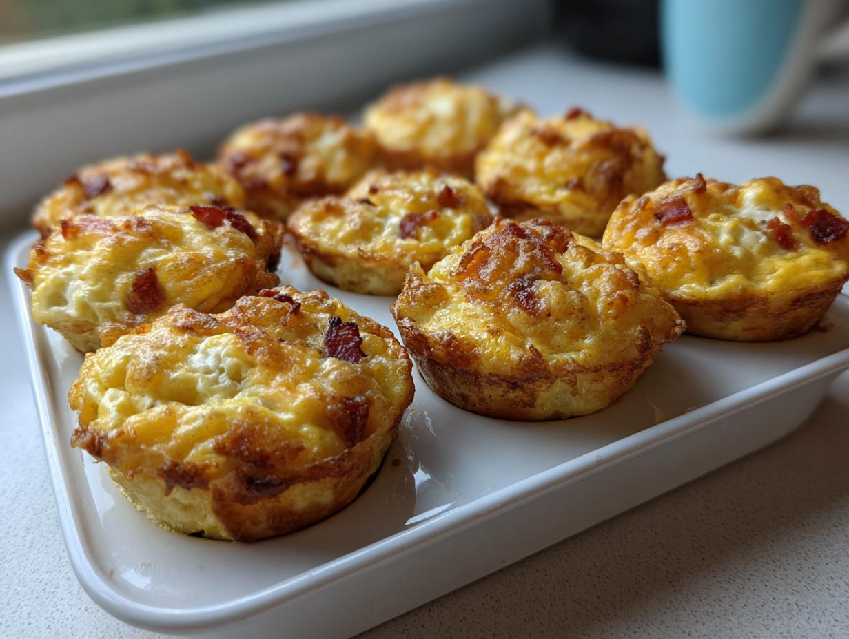 A close-up of several golden brown, fluffy egg bites topped with bacon, arranged on a white rectangular tray.