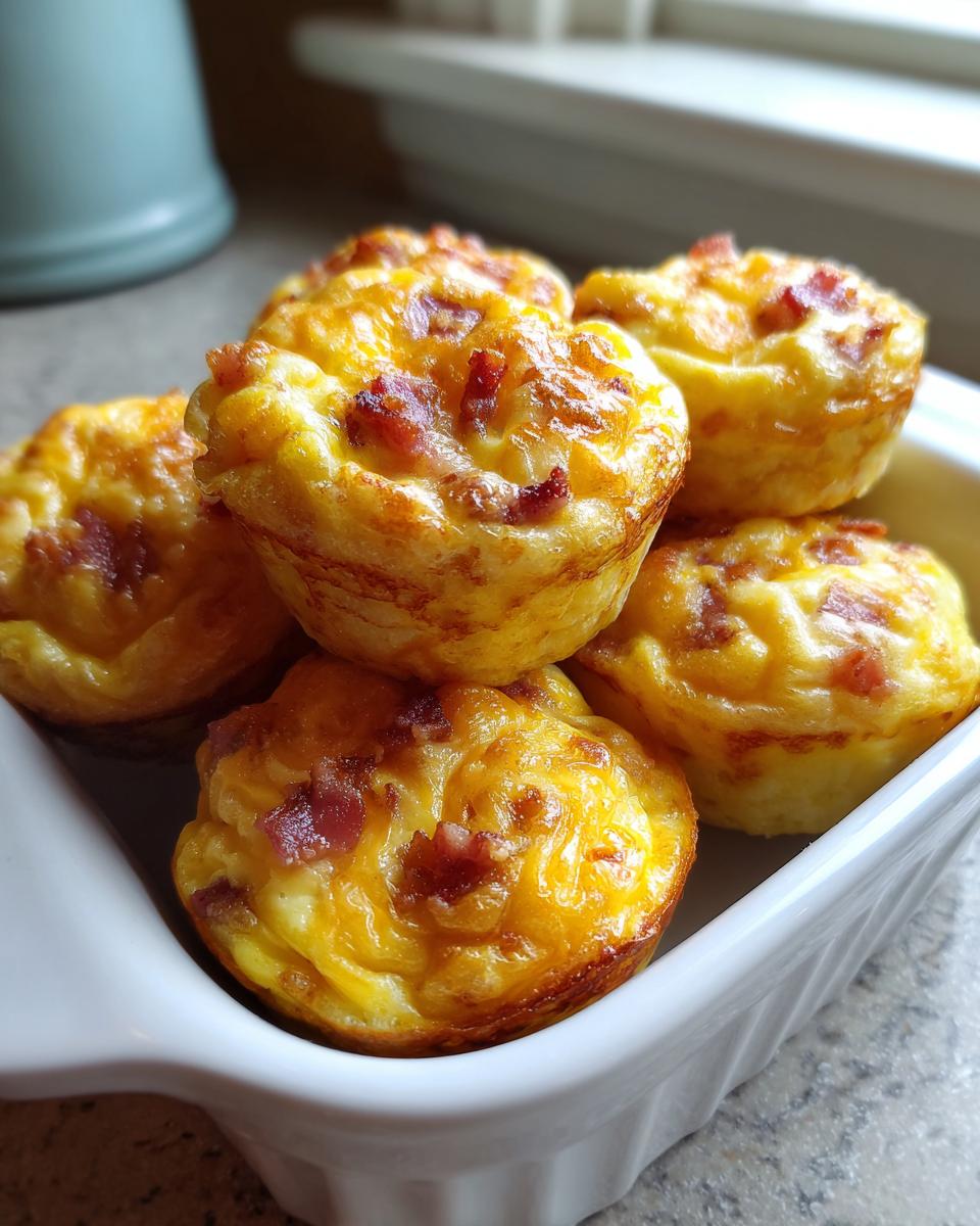 A close-up of several fluffy, golden brown egg bites topped with bacon bits, served in a small white dish.