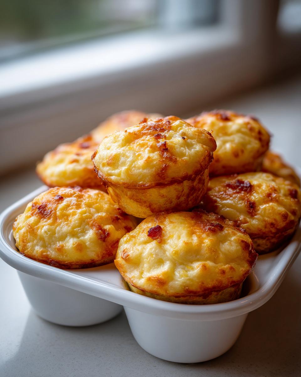 A close-up of several golden-brown, fluffy egg bites stacked in a white silicone muffin tray.