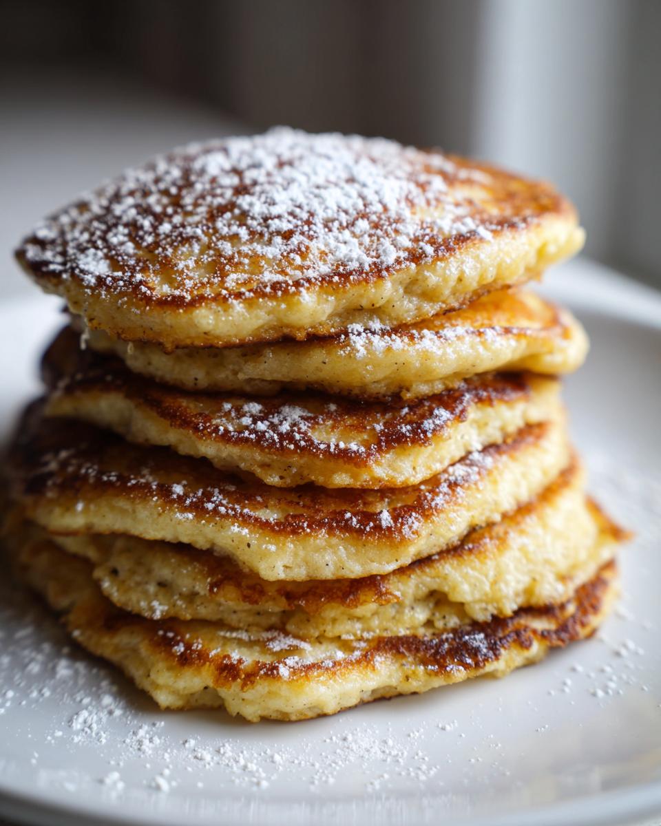 A tall stack of golden brown oatmeal pancakes dusted generously with powdered sugar.