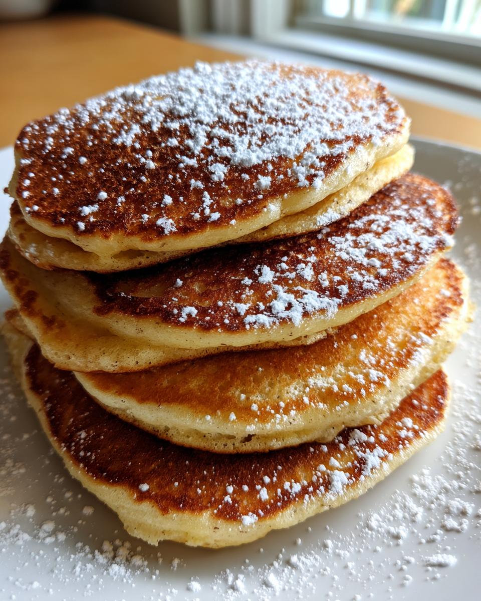 A tall stack of four golden brown oatmeal pancakes dusted generously with white powdered sugar.