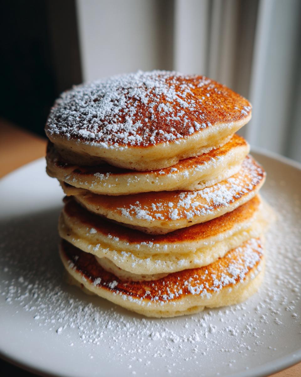 A tall stack of five perfectly golden oatmeal pancakes dusted heavily with powdered sugar.
