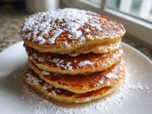 A tall stack of four golden brown oatmeal pancakes dusted heavily with white powdered sugar.