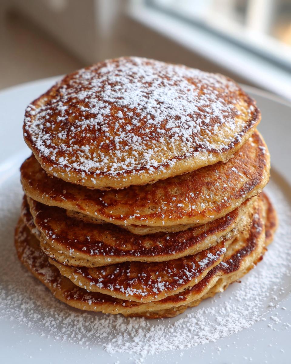 A tall stack of five golden brown oatmeal pancakes dusted generously with powdered sugar on a white plate.