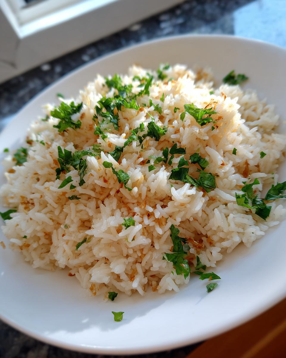 A close-up of fluffy white rice pilaf served on a white plate, garnished generously with chopped green parsley.