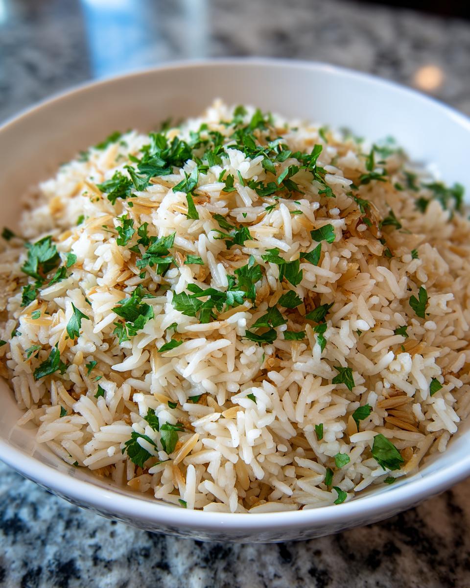 Close-up of a bowl of fluffy rice pilaf mixed with toasted vermicelli and garnished with chopped parsley.