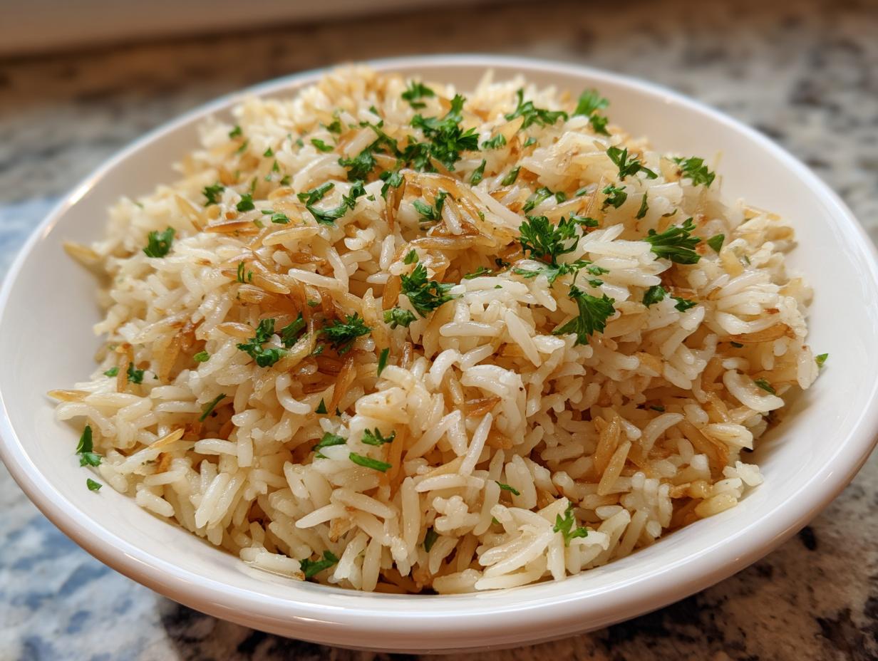 A close-up of fluffy rice pilaf mixed with toasted vermicelli and topped with fresh parsley in a white bowl.