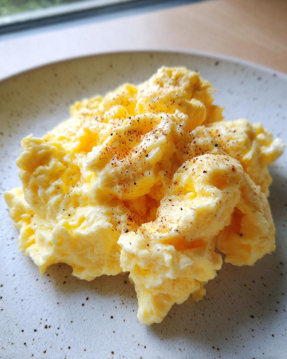 Close-up of creamy, fluffy scrambled eggs seasoned with black pepper on a speckled plate.