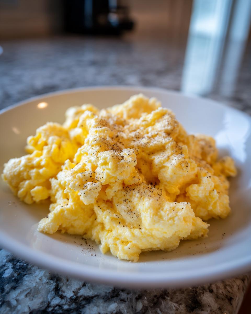 A close-up of creamy, fluffy scrambled eggs topped generously with black pepper in a white bowl.