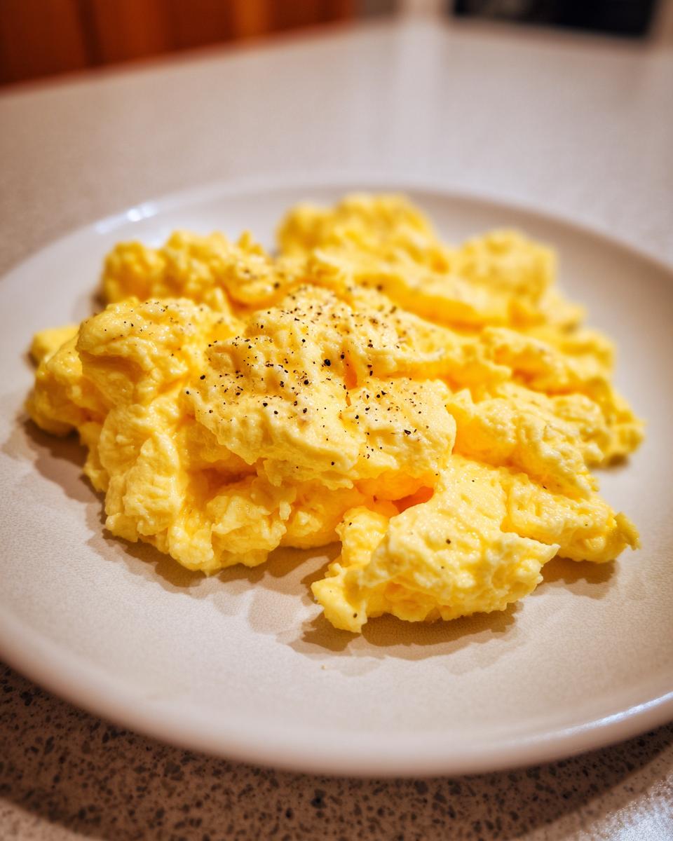 A close-up of creamy, fluffy scrambled eggs seasoned with black pepper on a light gray plate.