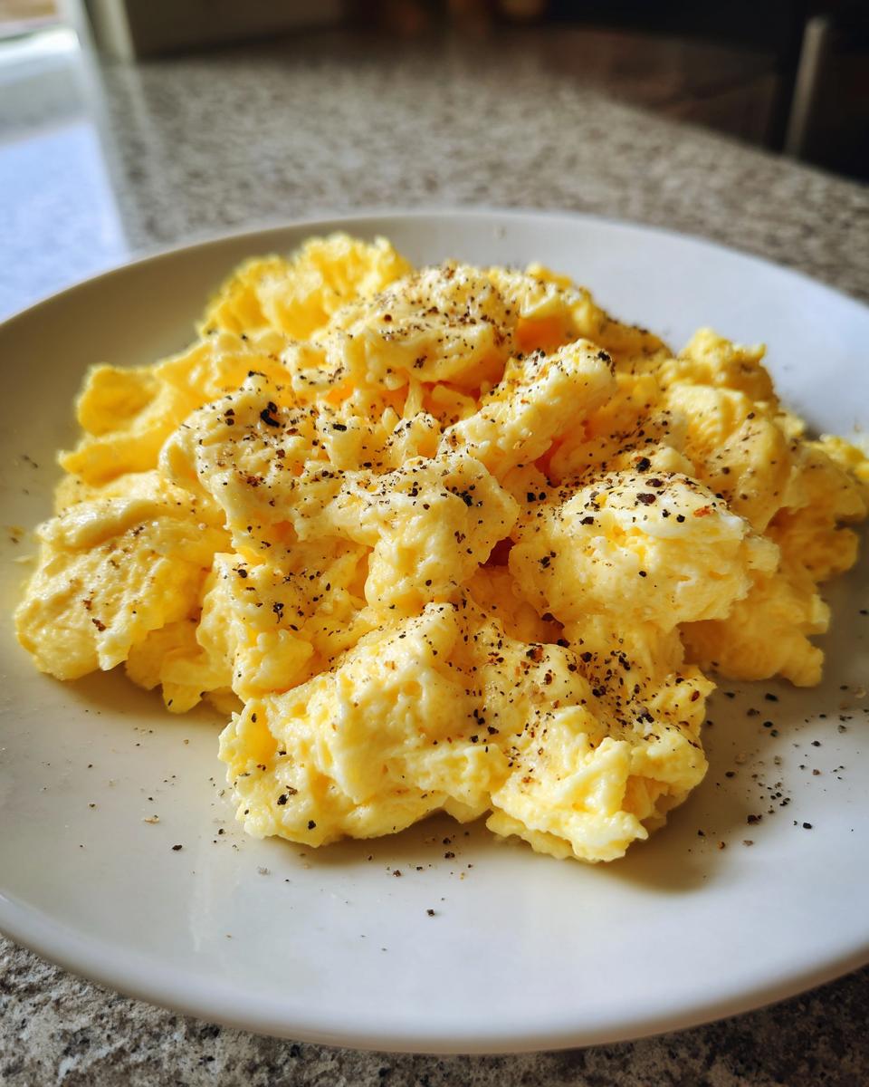 A close-up of creamy, fluffy scrambled eggs seasoned generously with black pepper on a white plate.